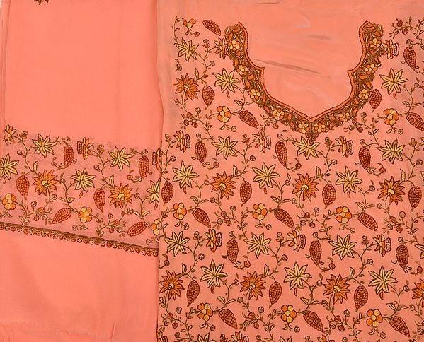 exotic india Peach-Pink Kashmiri Salwar Kameez Fabric with Floral Needle-Embroidery by Hand 