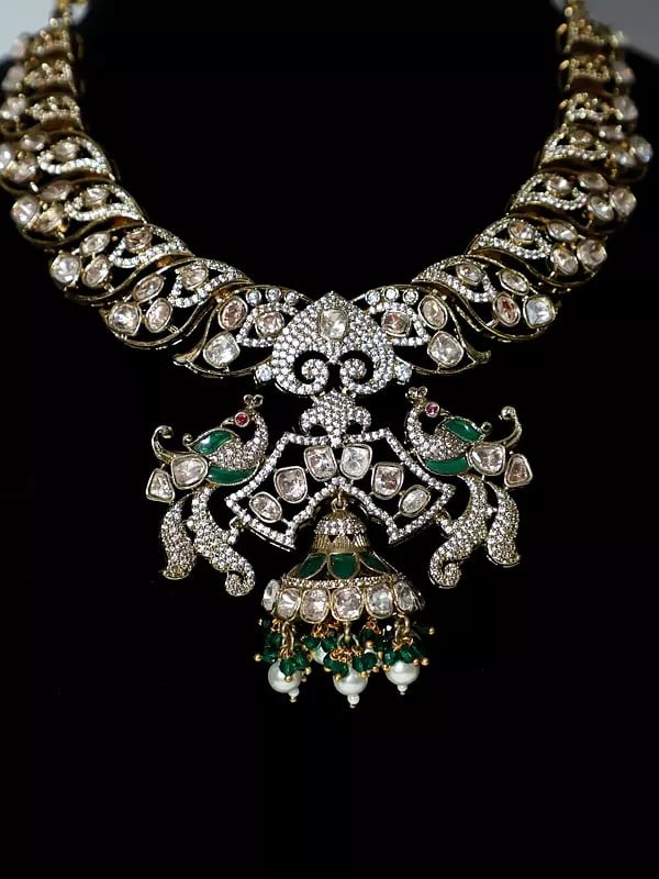 Exotic India Peacock Design Embellished And Beaded Copper And Kundan Necklace Set With Earrings 