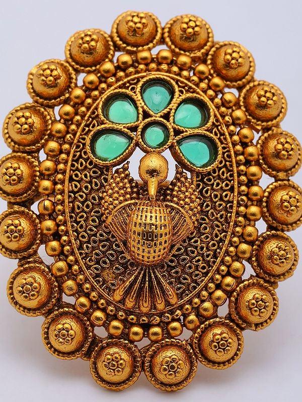 Exotic India Peacock Design Oval Shape Adjustable Ring With Studded Stone 