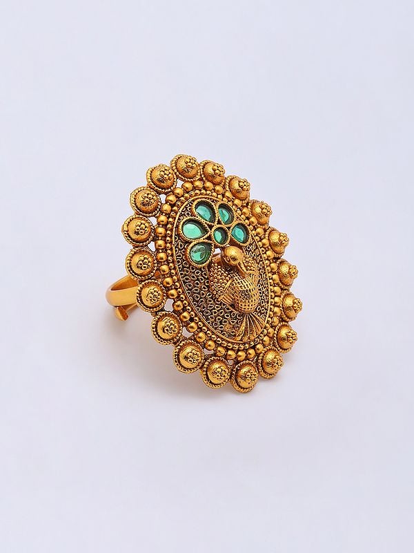 Exotic India Peacock Design Oval Shape Adjustable Ring With Studded Stone 