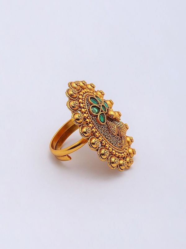 Exotic India Peacock Design Oval Shape Adjustable Ring With Studded Stone 