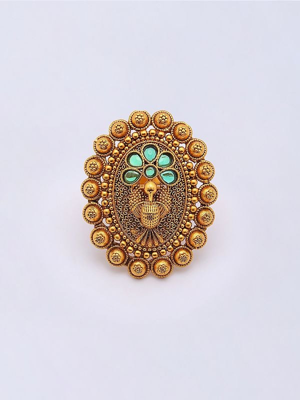 exotic india Peacock Design Oval Shape Adjustable Ring with Studded Stone 