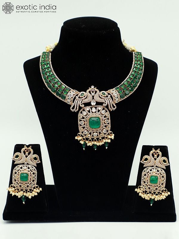 exotic india Peacock Motif Moissanite Kundan With Matt Polish Necklace Set With Ruby Stones And Pearl Drops