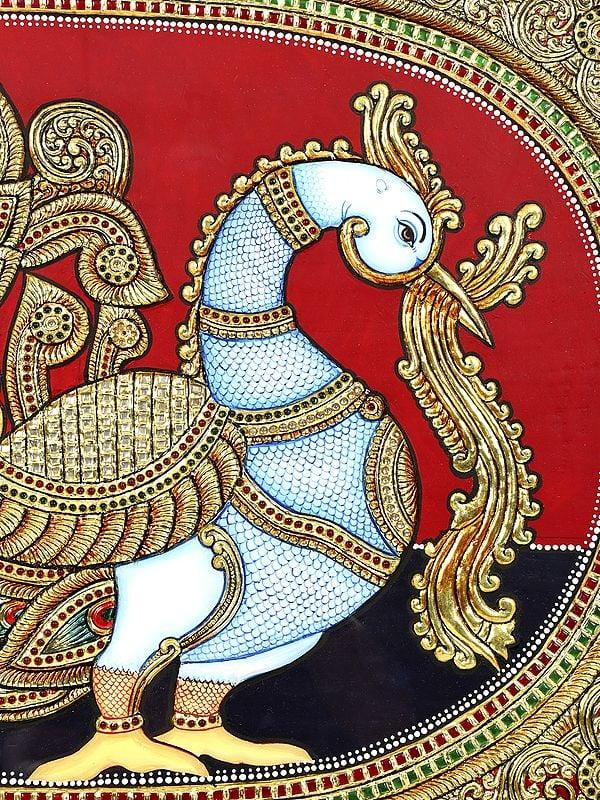 Exotic India Peacock With Beautiful Tail | 24 Karat Gold Work | Framed Tanjore Painting 