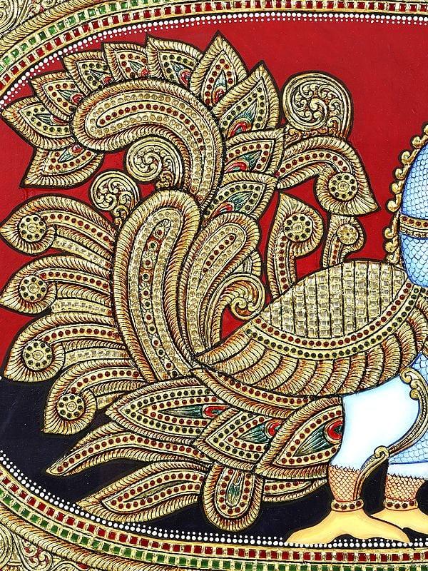 Exotic India Peacock With Beautiful Tail | 24 Karat Gold Work | Framed Tanjore Painting 
