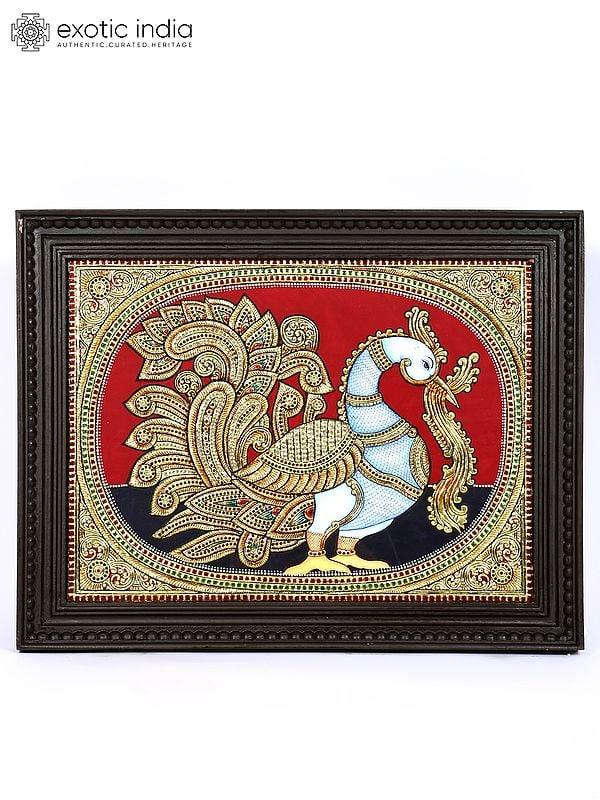 exotic india Peacock with Beautiful Tail | 24 Karat Gold Work | Framed Tanjore Painting 