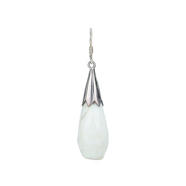 Exotic India Pear/Drop-Cut Faceted White Agate Stone Earrings Topped In Sterling Silver Cone 