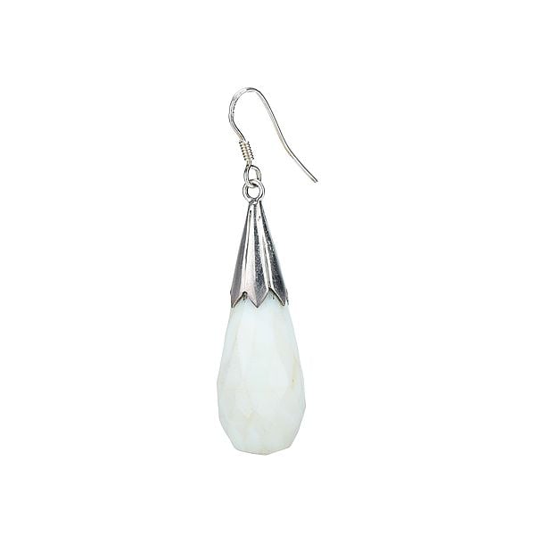 Exotic India Pear/Drop-Cut Faceted White Agate Stone Earrings Topped In Sterling Silver Cone 