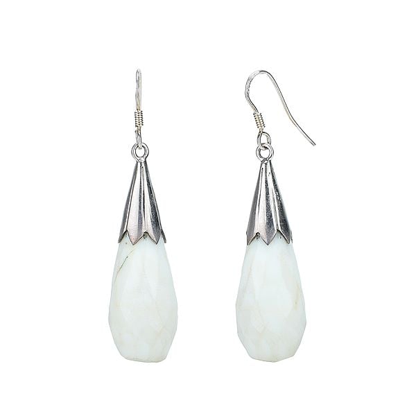exotic india Pear/Drop-Cut Faceted white Agate Stone Earrings Topped In Sterling Silver Cone 