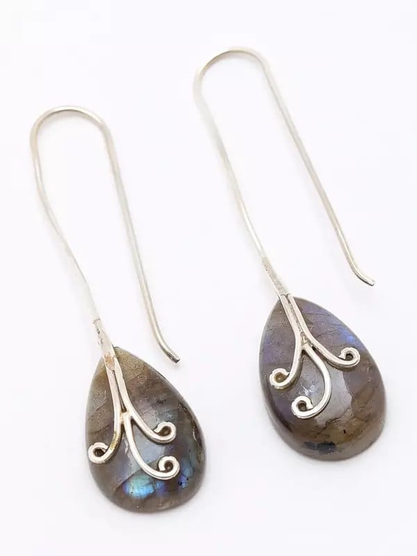Exotic India Pear Shape Labradorite Long Hook Earrings