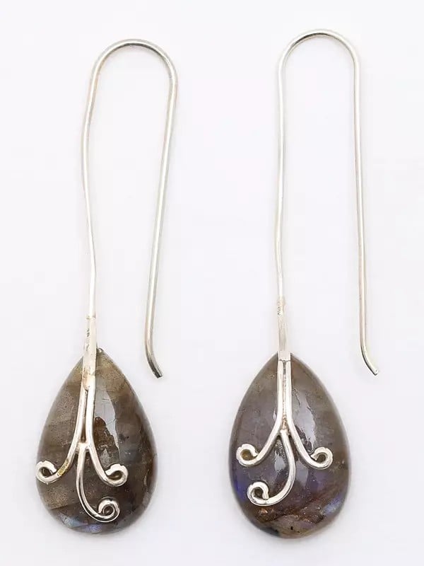 exotic india Pear Shape Labradorite Long Hook Earrings