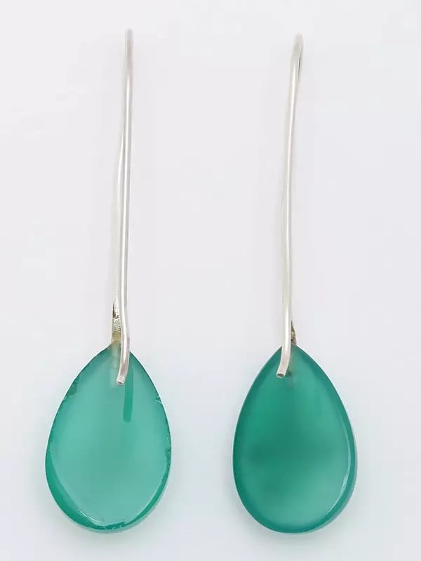 Exotic India Pear Shaped Green Onyx Long Hook Earrings