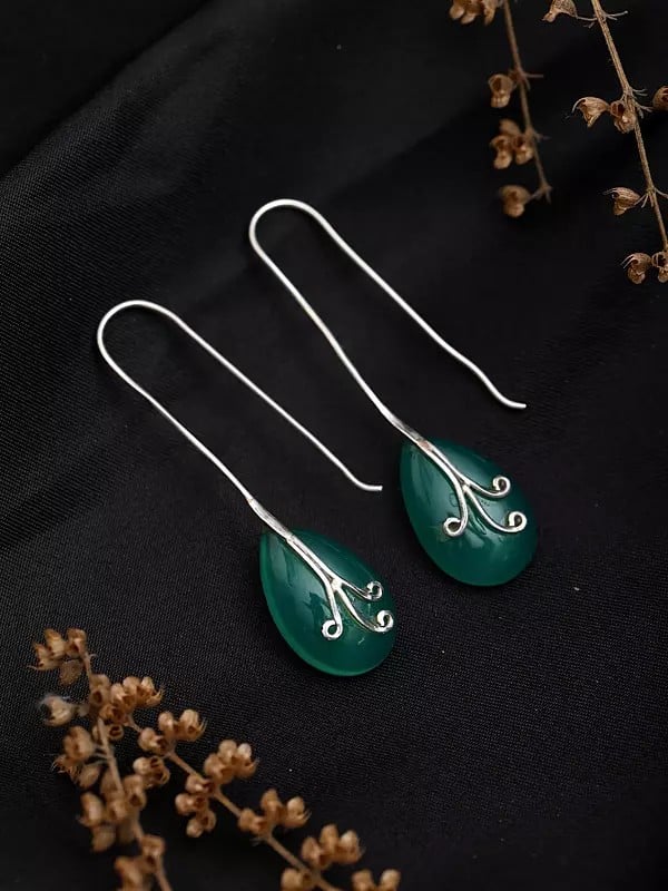 Exotic India Pear Shaped Green Onyx Long Hook Earrings
