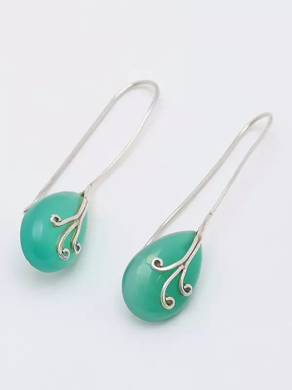exotic india Pear Shaped Green Onyx Long Hook Earrings