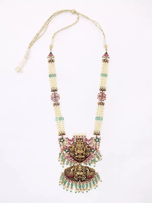 Exotic India Pearl Beaded Triple Strand Traditional Goddess Laxmi Necklace And Earrings Set 