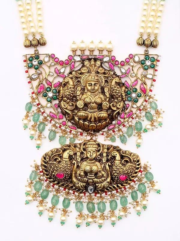 Exotic India Pearl Beaded Triple Strand Traditional Goddess Laxmi Necklace And Earrings Set 