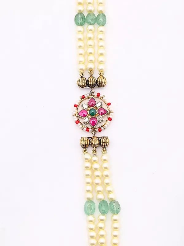 Exotic India Pearl Beaded Triple Strand Traditional Goddess Laxmi Necklace And Earrings Set 