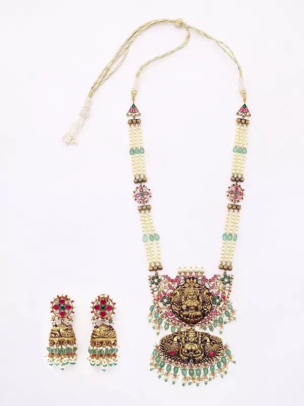 exotic india Pearl Beaded Triple Strand Traditional Goddess Laxmi Necklace and Earrings Set 