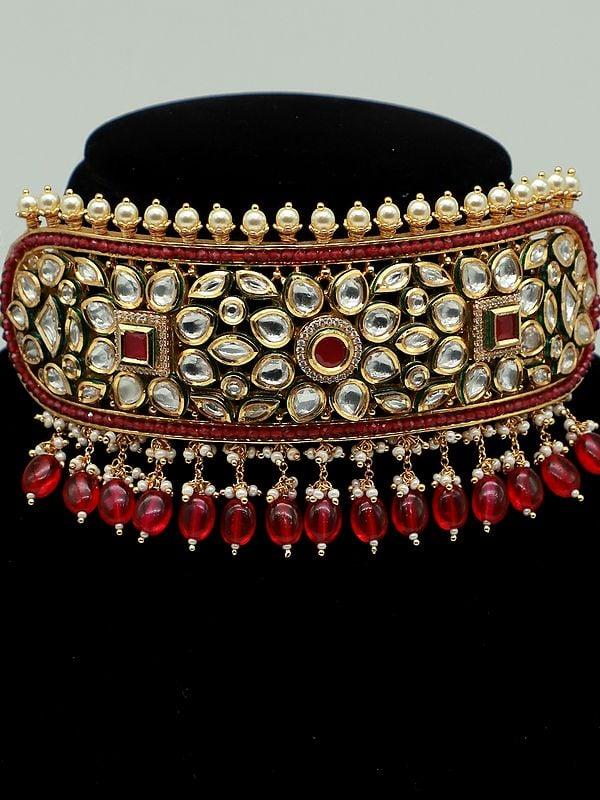 Exotic India Pearl Studded Choker Set With Beautiful Earrings