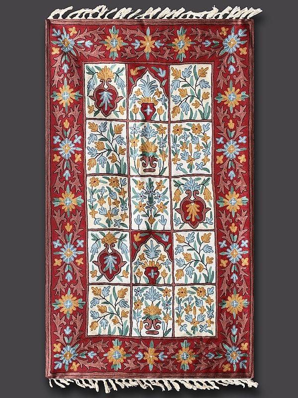 Exotic India Pearl White Persian Style Aari Embroidered Kashmiri Rug