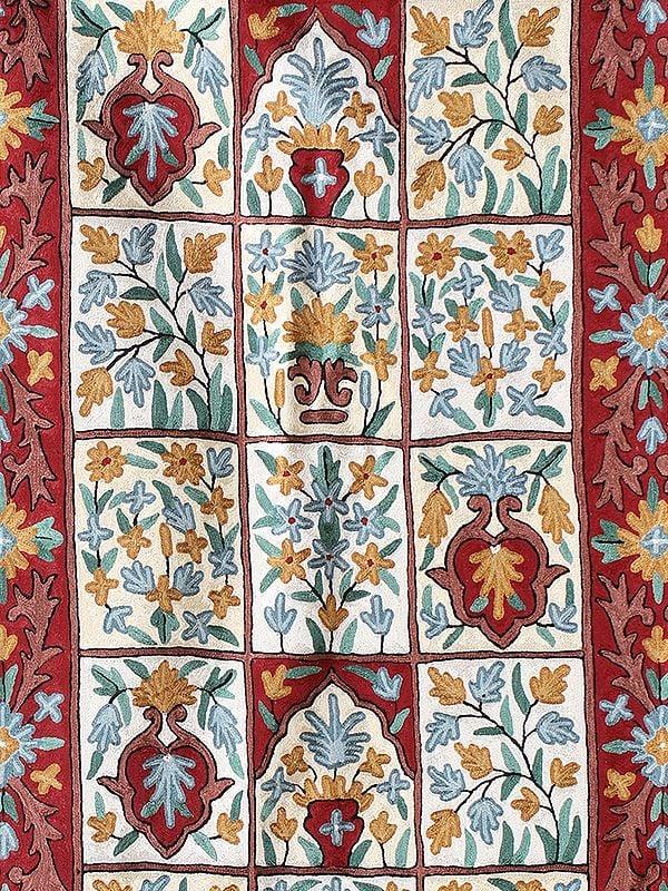 Exotic India Pearl White Persian Style Aari Embroidered Kashmiri Rug