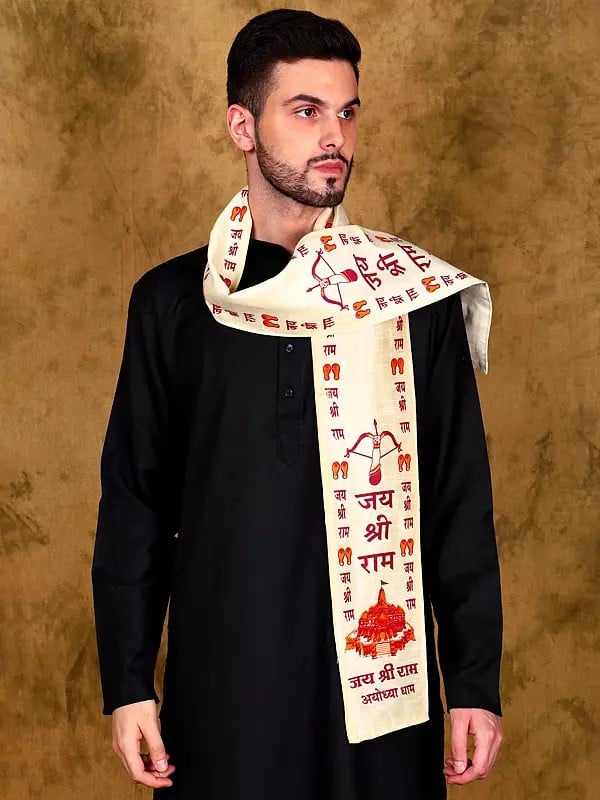 Exotic India Pearled-Ivory Sanatan Prayer Scarf With Printed Jay Shree Ram And Ayodhya Mandir (Unisex) 