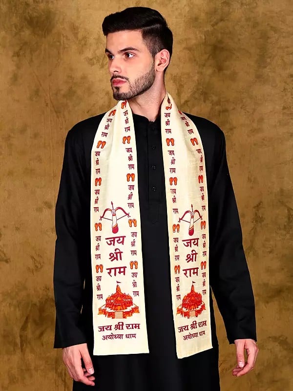 Exotic India Pearled-Ivory Sanatan Prayer Scarf With Printed Jay Shree Ram And Ayodhya Mandir (Unisex) 