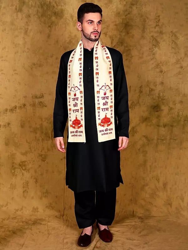 exotic india Pearled-Ivory Sanatan Prayer Scarf with Printed Jay Shree Ram and Ayodhya Mandir (Unisex) 