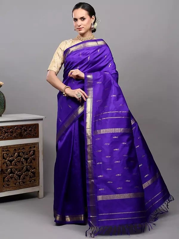 Exotic India Persian-Indigo Pure Silk Saree With Zari Woven Bootis And Double Side Temple Border From Kumbakonam 
