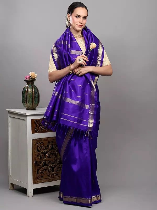 Exotic India Persian-Indigo Pure Silk Saree With Zari Woven Bootis And Double Side Temple Border From Kumbakonam 