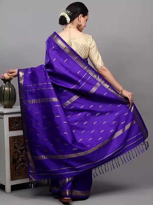 Exotic India Persian-Indigo Pure Silk Saree With Zari Woven Bootis And Double Side Temple Border From Kumbakonam 