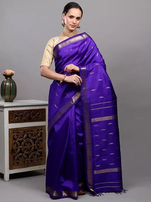 exotic india Persian-Indigo Pure Silk Saree with Zari Woven Bootis and Double Side Temple Border from Kumbakonam 