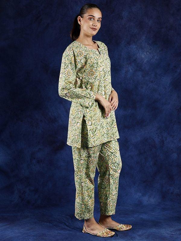 Exotic India Pestel-Green Pure Cotton Co Ord Set With Block Printed Flowers And Notched Neck 