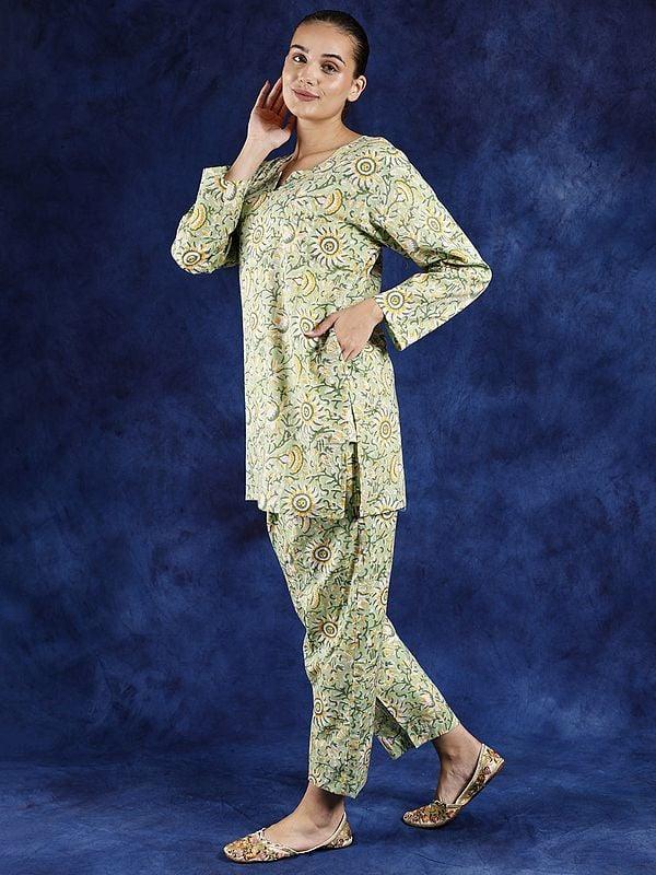 Exotic India Pestel-Green Pure Cotton Co Ord Set With Block Printed Flowers And Notched Neck 