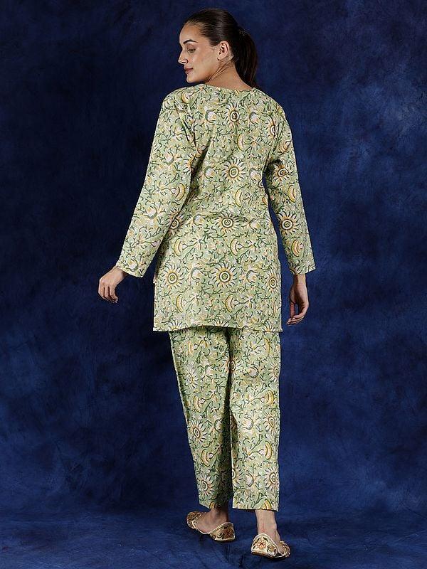 Exotic India Pestel-Green Pure Cotton Co Ord Set With Block Printed Flowers And Notched Neck 
