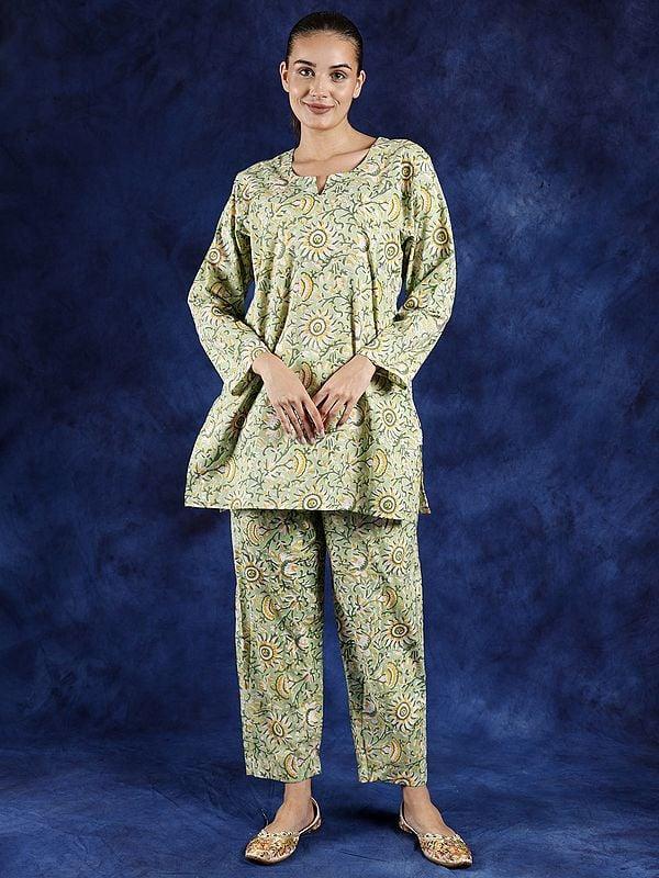 exotic india Pestel-Green Pure Cotton Co Ord Set with Block Printed Flowers and Notched Neck 