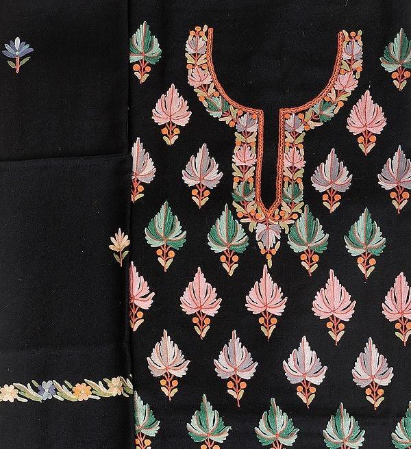 exotic india Phantom-Black Salwar Kameez Fabric from Kashmir with Aari Hand-Embroidered Maple Leaves 