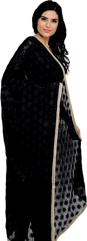 Exotic India Phulkari Extra-Wide Dupatta From Punjab With Embroidered Bootis In Self-color Thread 