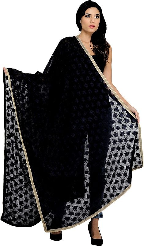exotic india Phulkari Extra-Wide Dupatta from Punjab with Embroidered Bootis in Self-color Thread 