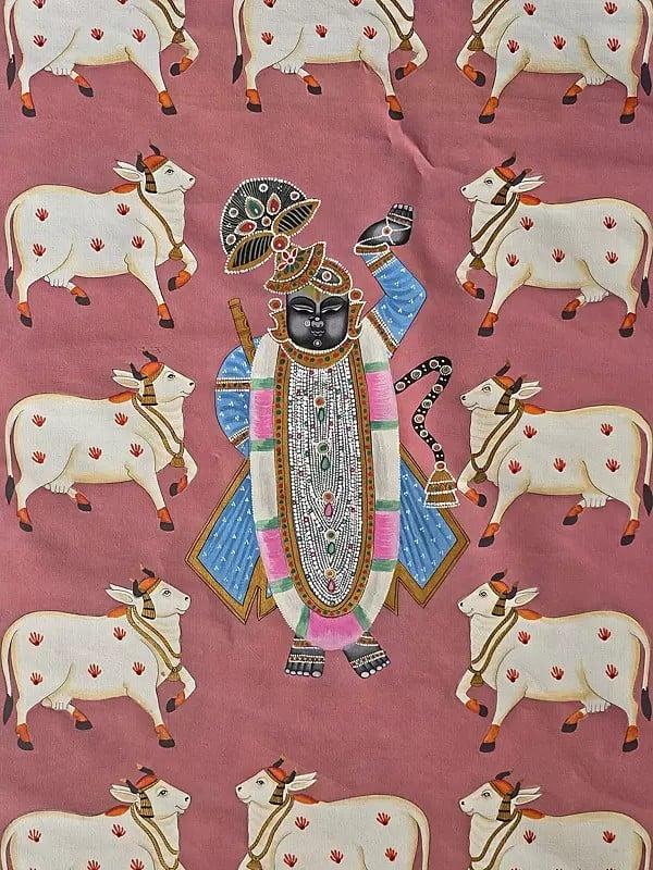 Exotic India Pichwai Painting Of Lord Shrinathji With Cow | Pichwai Art | Watercolor On Cotton 