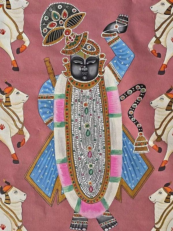 Exotic India Pichwai Painting Of Lord Shrinathji With Cow | Pichwai Art | Watercolor On Cotton 
