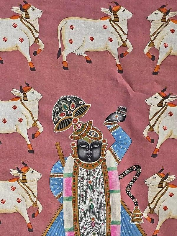 Exotic India Pichwai Painting Of Lord Shrinathji With Cow | Pichwai Art | Watercolor On Cotton 