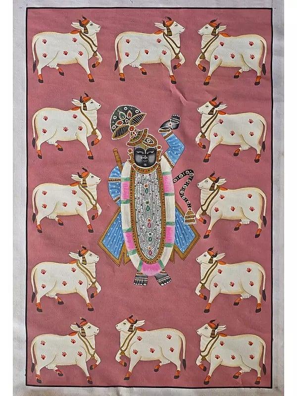 exotic india Pichwai Painting Of Lord Shrinathji With Cow | Pichwai Art | Watercolor On Cotton 