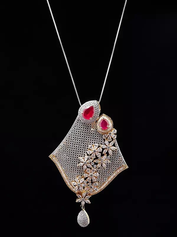 Exotic India Pink And White Stone Studded Floral Design Pendant 
