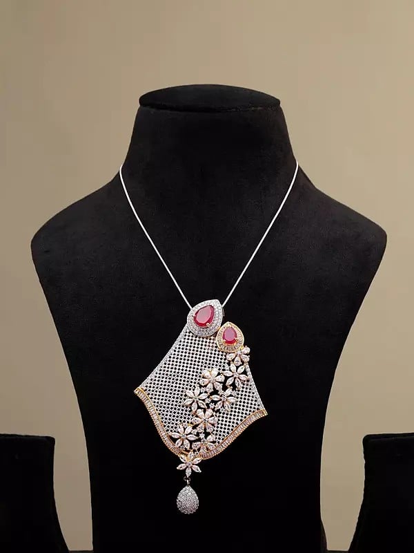 Exotic India Pink And White Stone Studded Floral Design Pendant 