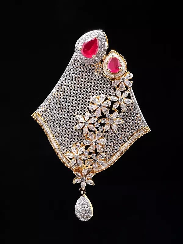 exotic india Pink and White Stone Studded Floral Design Pendant 