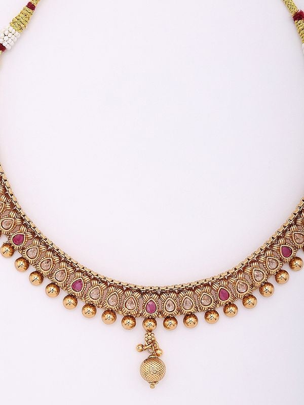 Exotic India Pink And White Stone Studded Necklace And Earrings Set 