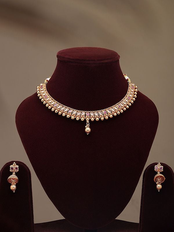 exotic india Pink and White Stone Studded Necklace and Earrings Set 