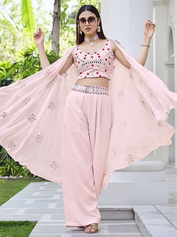 Exotic India Pink Color Georgette Floral Motif Sequins Embroidered Palazzo Crop-Top Suit With Designer Jacket