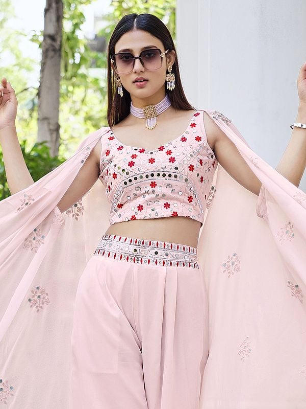 Exotic India Pink Color Georgette Floral Motif Sequins Embroidered Palazzo Crop-Top Suit With Designer Jacket